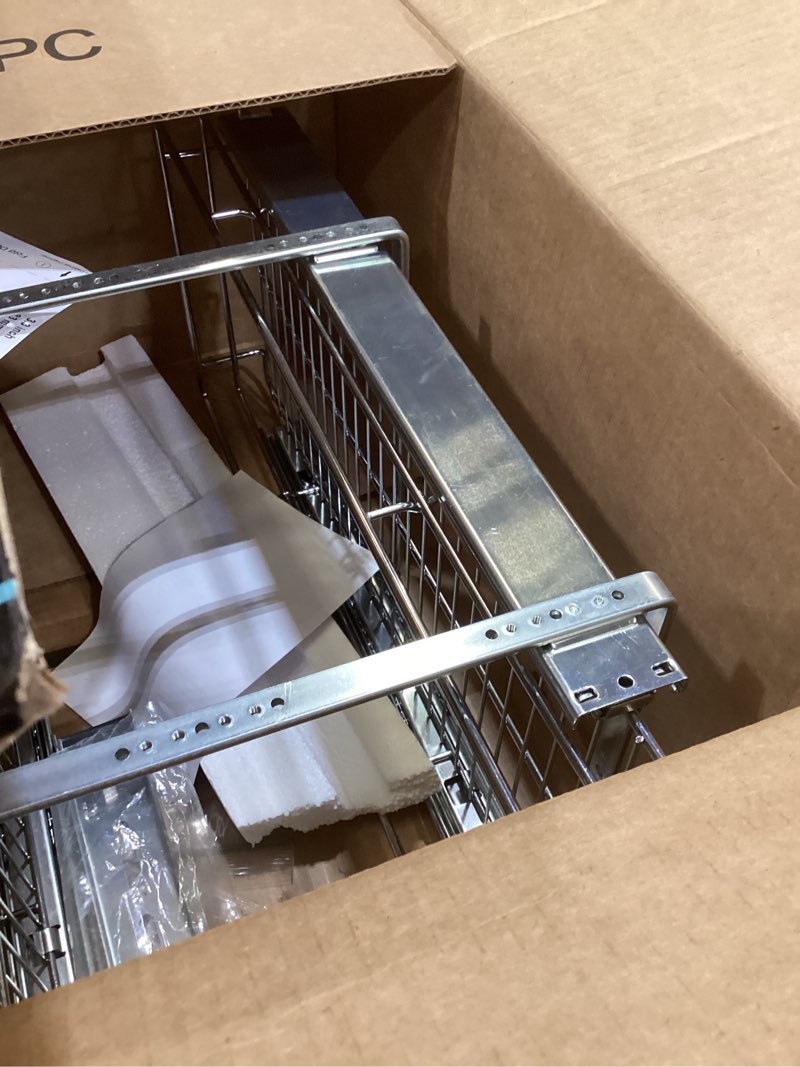 Condition photo showing As Is for dindon 2 tier pull out cabinet organizer (11"w x 21"d), double tier wire basket slide out shelf storage for kitchen base cabinet organization ?for kitchen, pantry, bathroom, chrome chrome 11'' w x 21'' d