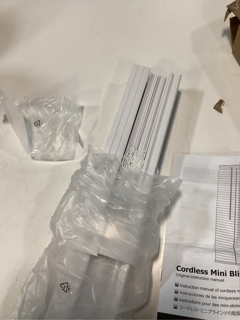 Condition photo showing Good Condition for myshade no-drill cordless horizontal mini blinds – 27" w x 48" h tool-free inside mount window blinds with 1" vinyl slats, light filtering & privacy, child & pet safe, white cordless-white 27" w x 48" h