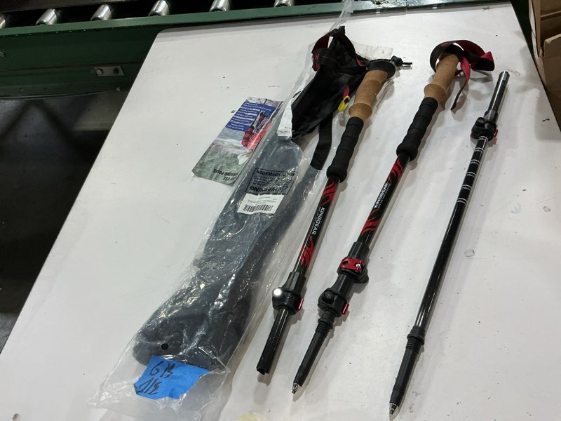 Condition photo showing As Is for kinggear tpc 100% carbon fiber hiking poles, telescopic retractable nordic trekking poles, ultra lightweight nordic walking stick, metal flip locks, cork and extended eva handle red