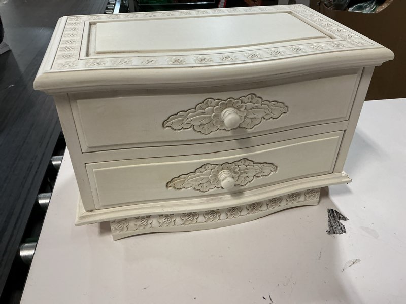 Condition photo showing As Is for (incomplete)international caravan furniture piece carved wood two drawer table multicolored