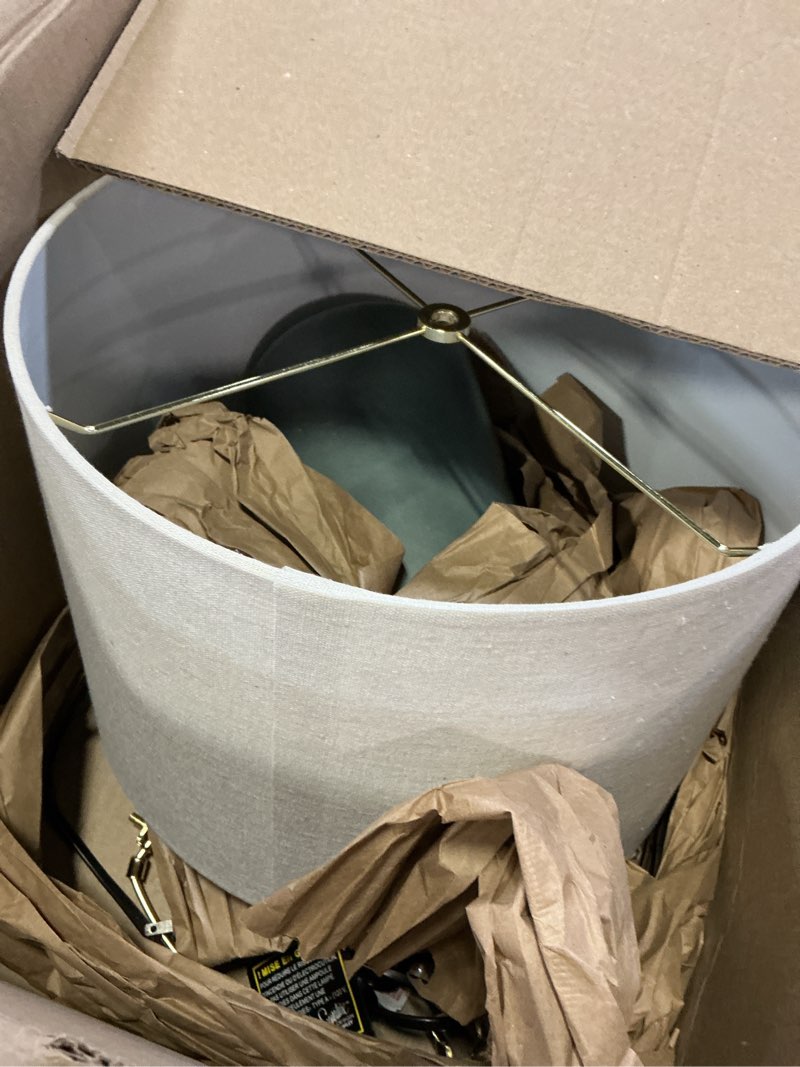 Condition photo showing Good Condition for signature design by ashley lemrich coastal 25.25" ceramic table lamp, 3-way switch, ul listed, fabric drum shade, use 100 watt lightbulb (not included), white and blue (teal) ombre effect