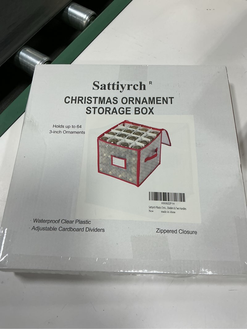 Condition photo showing New/Like New for Sattiyrch Plastic Christmas Ornament Storage Box with Zippered Closure - Store up to 64 of the 3-inch Standard Christmas Ornaments, Xmas Ornaments Storage with Dividers & Two Handles Square