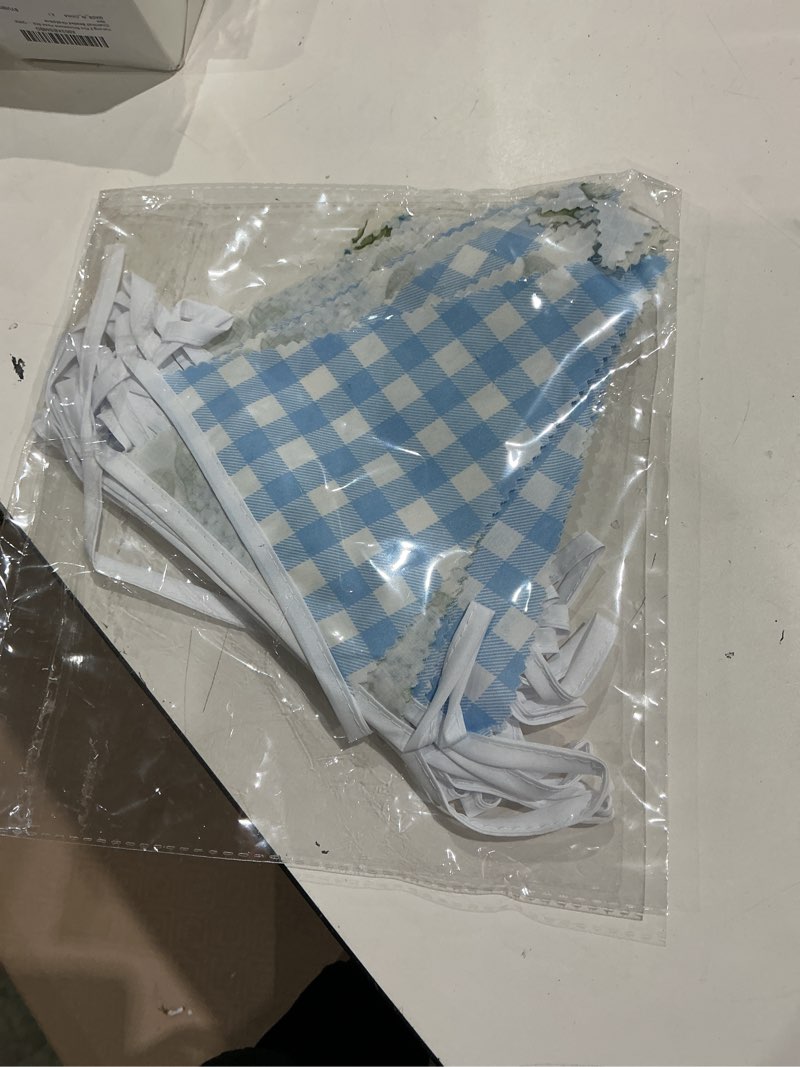 Condition photo showing As Is for 32ft blue flora party decorations blue gingham hydrangeatriangle flag fabric banner pennant garland 