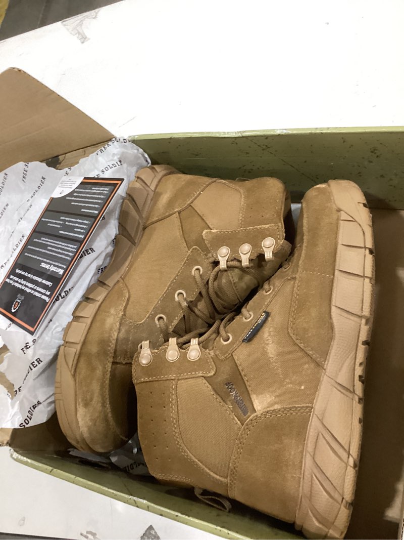 Condition photo showing New/Like New for FREE SOLDIER Men's Durable Work Boots 6 Inches Lightweight Waterproof Hiking Boots Suede Leather Tactical Boots Brown 8