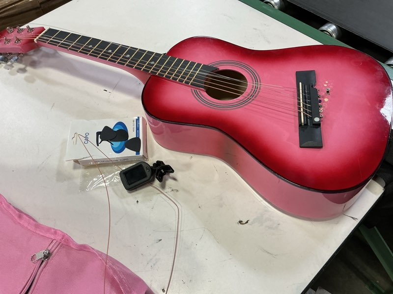 Condition photo showing As Is for  ( incomplete ) Classical Acoustic Guitar For Kids By MasterPlay- 30”  Beginner Guitar For Learners- Accoustic String Starter Kit: Guitar Bag, Tuner, Strap, Extra Strings, Picks, Wash Cloth, Capo (Pinkburst) Right Handed Pinkburst