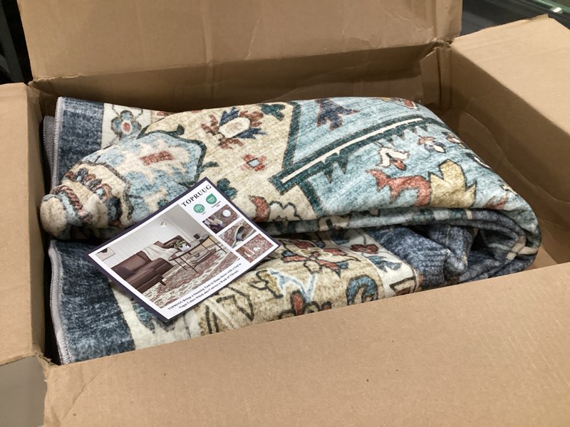 Condition photo showing Good Condition for (SIMILAR TO STOCK PHOTOS, SIZE UNKNOWN) Washable Oriental Area Rug - Rugs for Living Room Soft Carpet for Bedroom Waterproof Floral Distressed Indoor Stain Resistant Non-Shedding Floor Carpets (Blue/Teal/Orange) 