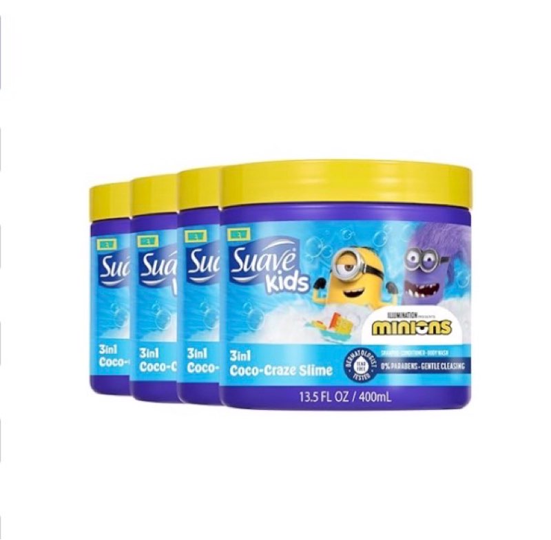 suave kids minions coco-craze slime 3-in-1 shampoo, conditioner, and body wash, for tear-free and gentle cleansing, 13.5 oz, 4 pack