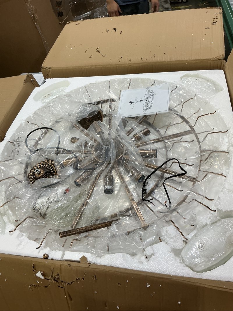 Condition photo showing New/Like New for Wellmet Bronze Vintage Glass Chandelier, Farmhouse French Glass Feather Chandelier, Large French Rustic Pendant Light, for Living Room, Bedroom, Dining Room, Foyer, Entryway, Restaurant