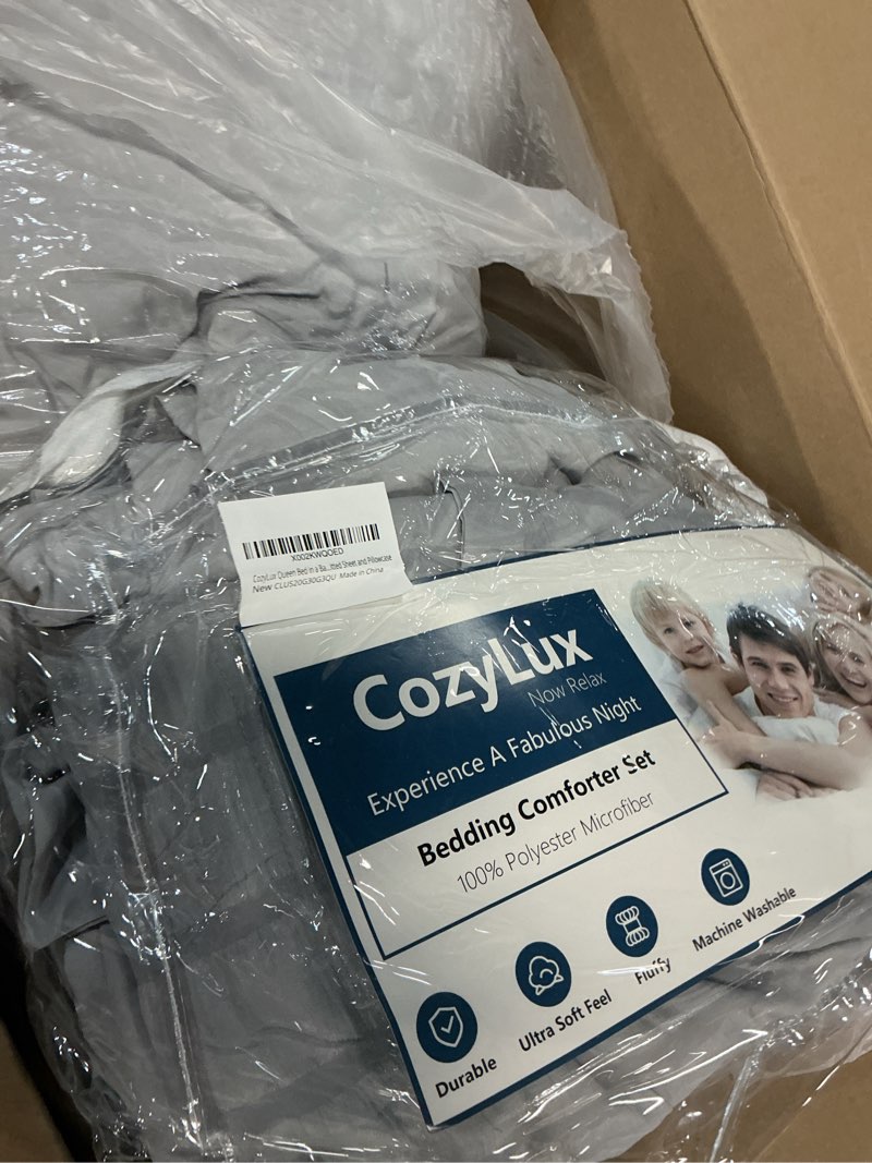 Condition photo showing Good Condition for cozylux queen comforter set light grey seersucker 7 pieces bed in a bag queen comforter set with sheets, light gray luxury soft bedding set with down alternative comforter, sheets, pillowcases & shams light grey queen