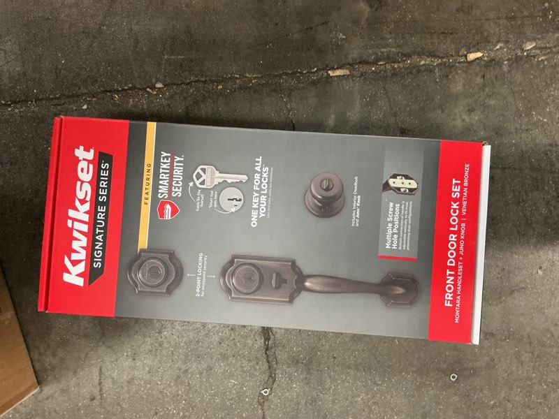 Condition photo showing New/Like New for montara venetian bronze single cylinder keyed entry door handleset with juno interior doorknob ft smartkey security