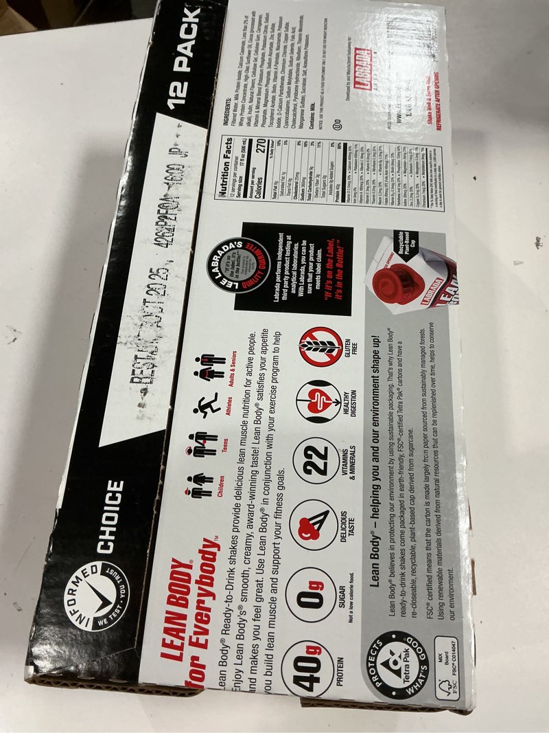 Condition photo showing Good Condition for Labrada Lean Body Ready-to-Drink Chocolate Protein Shake, 40g Protein, Whey Blend, 0 Sugar, Gluten Free, 22 Vitamins & Minerals, LABRADA, 17 Fl Oz (Pack of 12) Chocolate 204 Fl Oz (Pack of 1)( BB OCT 20/2025) 