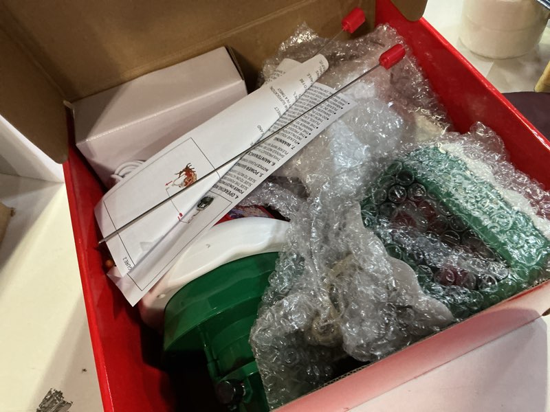 Condition photo showing Good Condition for Christmas Tree Topper, Star Motion Rotating Santa's Reindeer Sleigh + Snowmen in Green Cable Car with Merry Xmas Slogans, Illuminated LED Star Christmas Party with Music for Christmas Tree Decor
