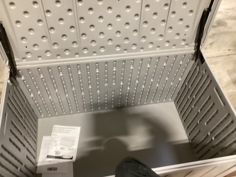 Condition photo showing Good Condition for suncast 134-gal. resin extra-large outdoor patio deck box with pad-lockable lid, modern outdoor patio bench/storage box for cushions, garden tools, and more, dove gray