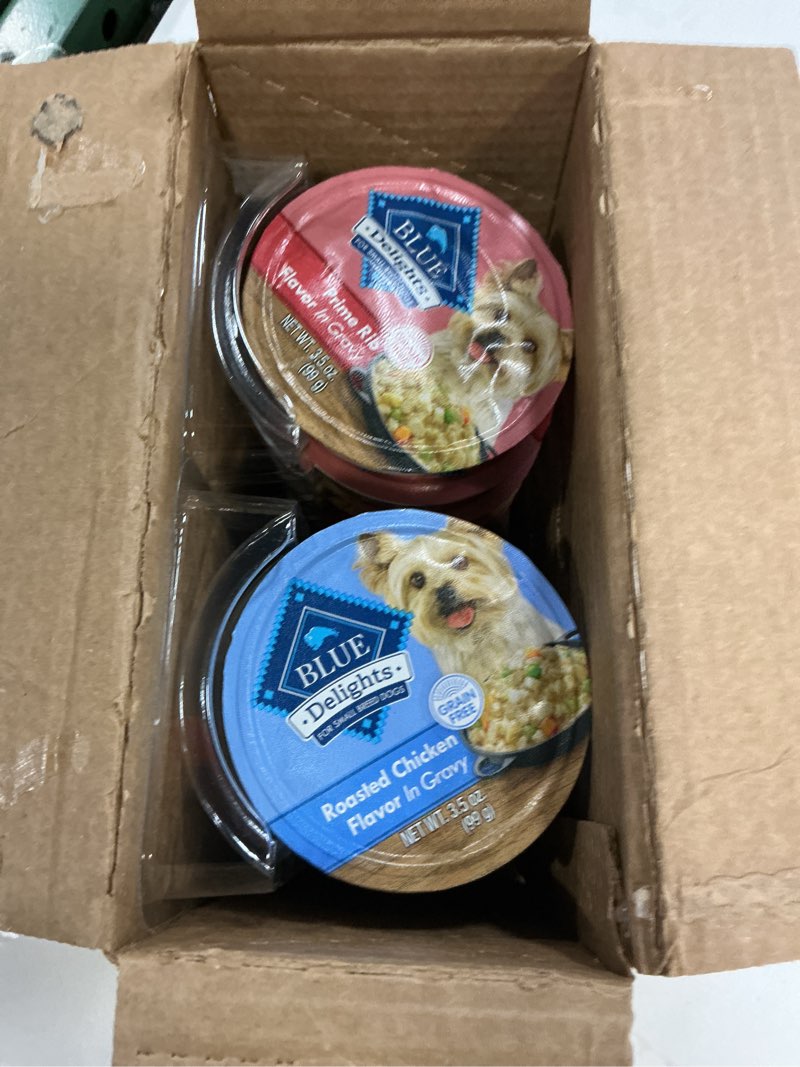 Condition photo showing Good Condition for (best by 2027/oct/27) blue buffalo delights natural adult small breed wet dog food cups, pate style, chicken and prime rib 3.5-oz (12 pack- 6 of each flavor) variety pack: chicken, prime rib 3.5 ounce (pack of 12)