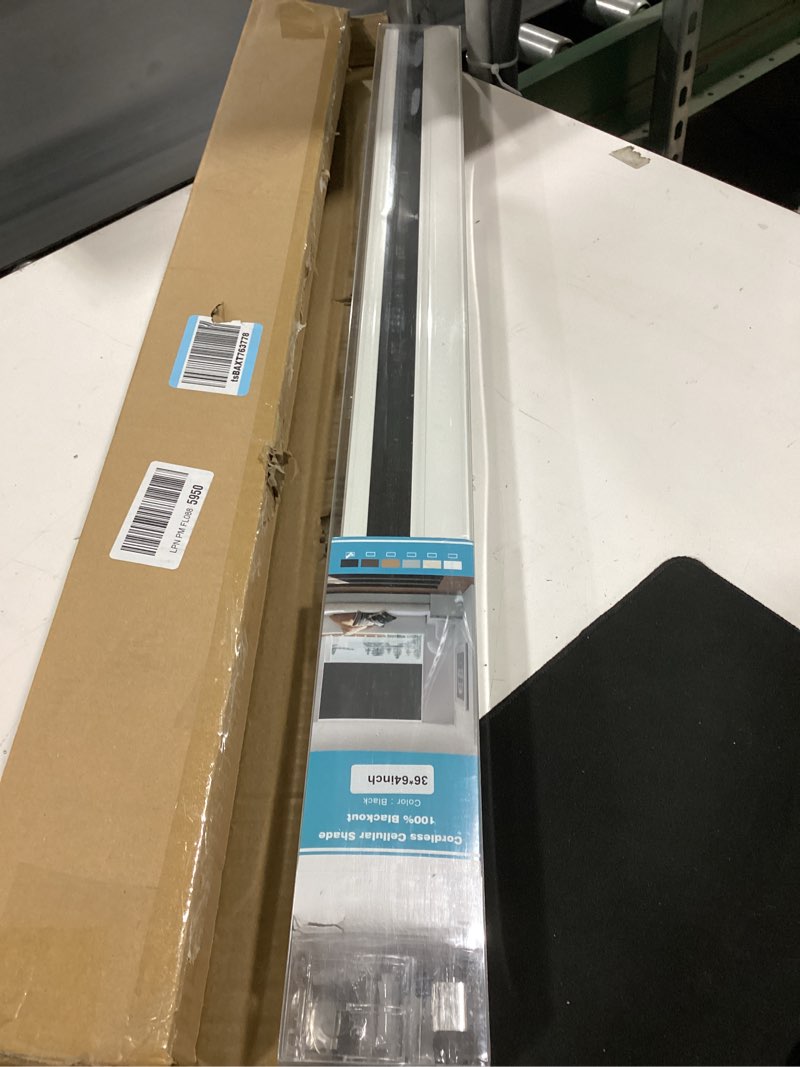 Condition photo showing New/Like New for changshade cordless blackout cellular shades for indoor windows doors, black out room darkening honeycomb blinds thermal insulated 1.5 inch cell for home, bedroom, bathroom, nursey, 36"w×64"h, black black 36"w×64"h(fba)