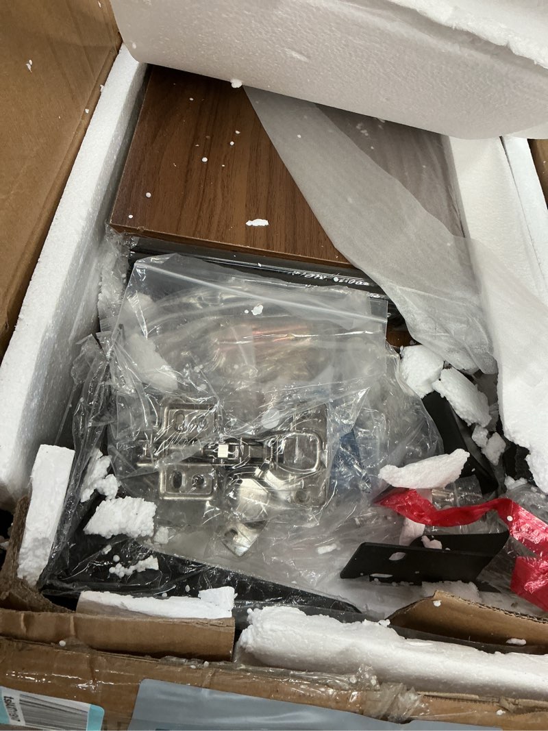 Condition photo showing As Is for LITTLE TREE 71'' Floating TV Stand, Fluted Floating TV Stand Wall Mounted, TV Floating Shelf with Storage and Drawers, Modern Media Console Entertainment Center for Living Room, Bedroom, Rustic Brown