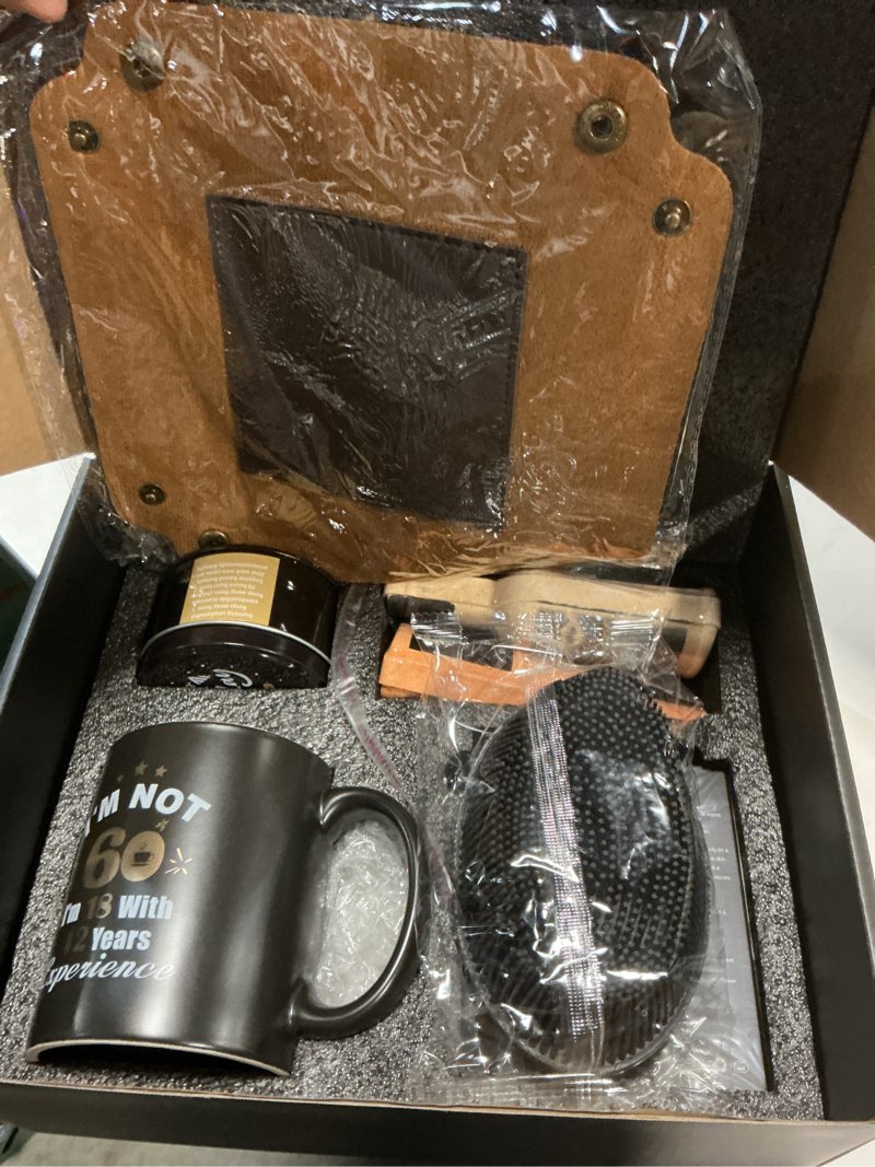 Condition photo showing New/Like New for ((Similar))60th Birthday Gifts for Men Coffee Mug Set, 60th Birthday Party Supplies, Turning 60 Gift with 11 Oz Ceramic Cup Baseball Cap Apron Sock Bracelet Toilet Paper Keychain for Him, Dad, Husband, Friends