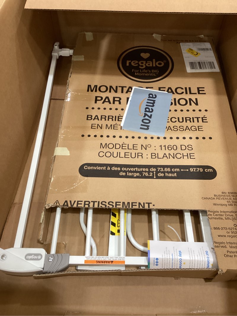 Condition photo showing Good Condition for regalo safety 38" baby gate for doorways & bottom of stairs, pressure mount design for babies, toddlers & pets, tested & safe for 30 years, american designed, american owned, white white 29-38.5"w x 30"h