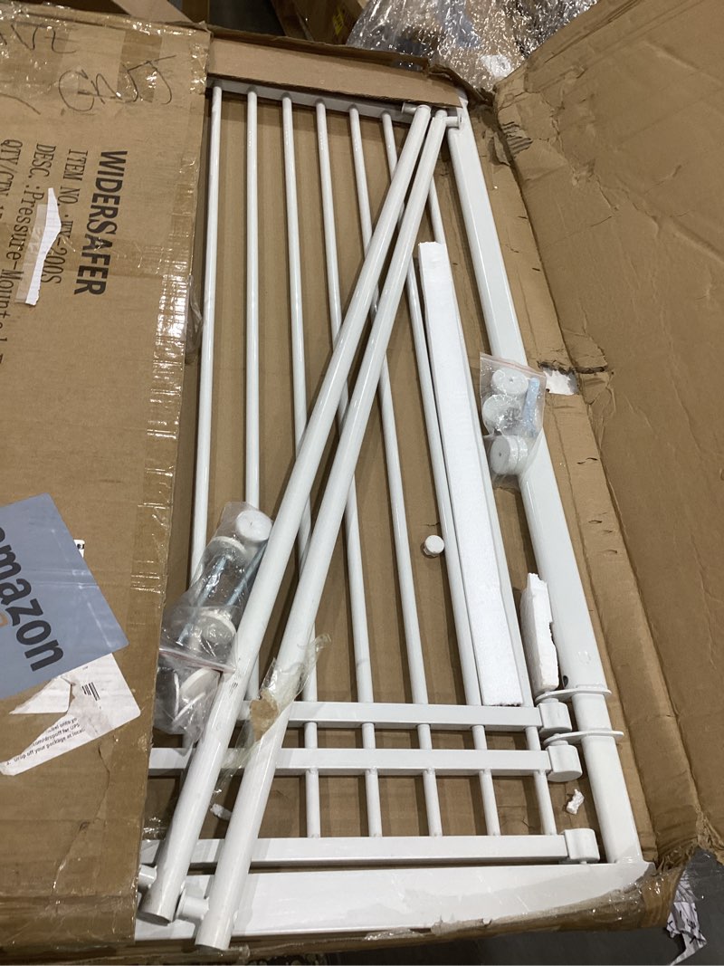 Condition photo showing As Is for 78.8" extra tall cat gate, 28.3-33" wide safety metal cat door, pressure mounted easy walk through pet gate with door for stairs, doorways, white 78.8" tall-white