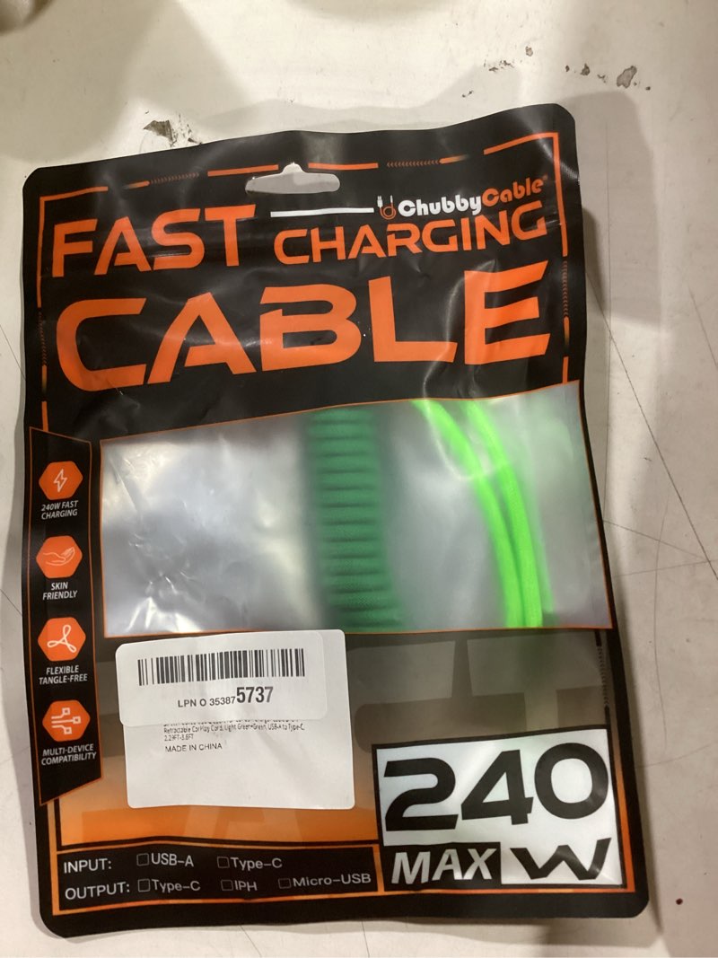 Condition photo showing New/Like New for chubbycable Curly Chubby 120W Coiled USB C Cable Retractable Fast Charging Cable for Car Charger Cord Compatible with iPhone 17-15 Series, Light Green+Green, USB-A to Type-C, 2.29FT-3.6FT Type 4-Light Green+Green USB A-Type C