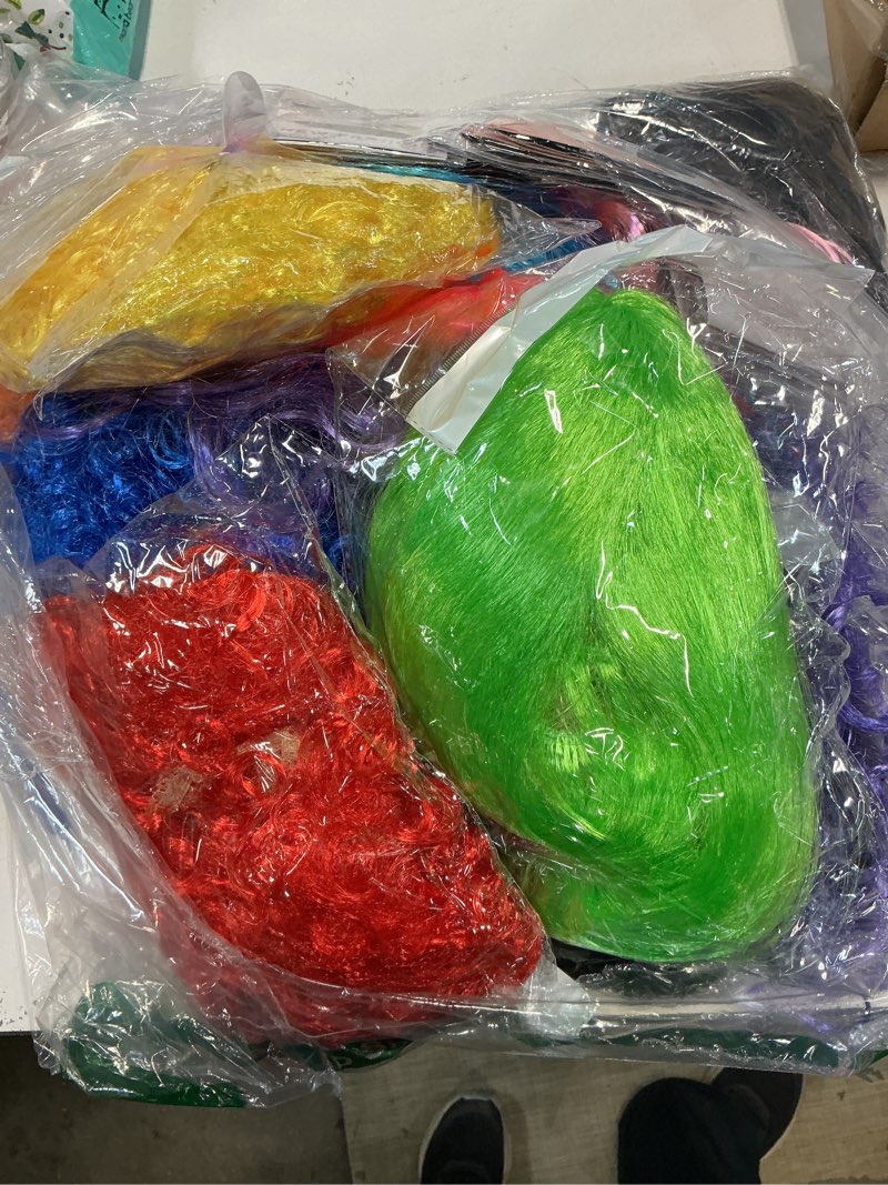Condition photo showing As Is for 12 multi pack fun wigs, assorted bob wig, wavy colored colorful hair wigs, funny neon clown fluffy bulk wigs for women costume cosplay party (multicolor)