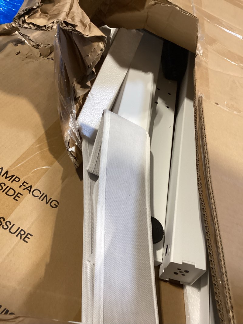 Condition photo showing As Is for huanuo 55? x 26? electric standing desk with 2 drawers, c-clamp mount compatible, height adjustable computer desk, home office stand up desk with 4 preset heights & 2 hooks, white