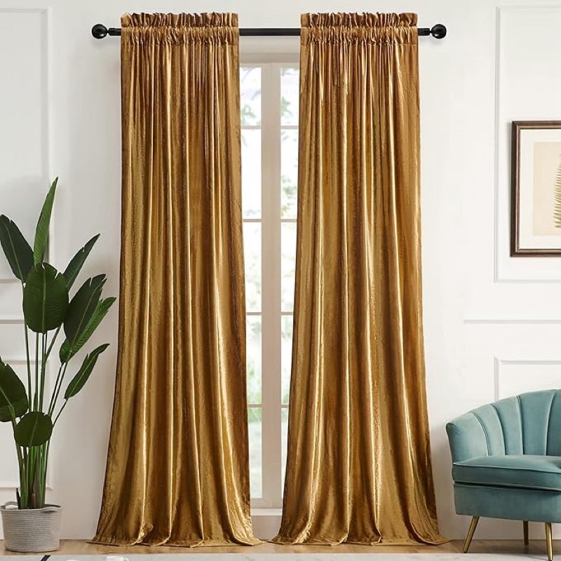luxury gold velvet curtains 90 inches: living room luxury room darkening curtain - elegant bedroom thermal insulated modern heavy thick soft soundproof rod pocket window drapes set of 2 panels