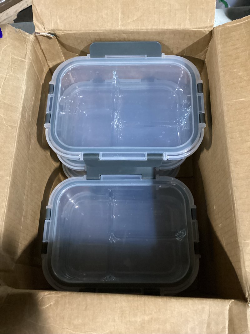 Condition photo showing As Is for M MCIRCO [5-Pack, 36 oz] Glass Meal Prep Containers 3 Compartment with Lids, Glass Lunch Containers,Food Prep Lunch Box,Bento Box,Microwave, Oven, Freezer, Dishwasher (4.5 Cups) Gray
