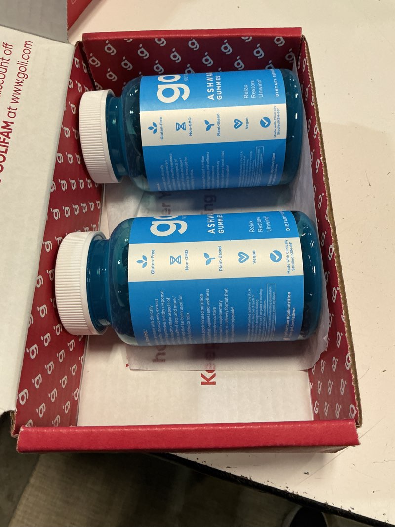 Condition photo showing New/Like New for (exp. 02/2028)goli ashwagandha & vitamin d gummy 120 count - relax. restore. unwind. (mixed berry, ksm-66, vegan, plant based, non-gmo, gluten-free & gelatin free), pack of 2 mixed berry 120 count