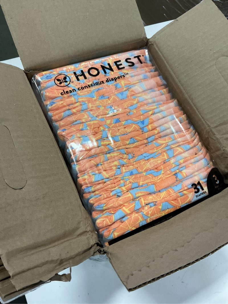 Condition photo showing New/Like New for The Honest Company Clean Conscious Diapers for Delicate Skin | Up to 100% Leakproof | Hypoallergenic, Fragrance Free | Gender Neutral | Club Box, Size 3 (16-28 lbs), 62 Count (Prints May Vary) Size 3 (62 Count) Space Travel + It's a Pawty
