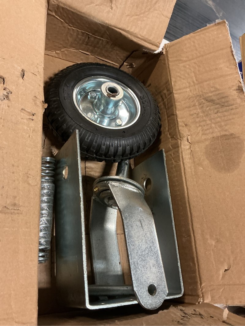 Condition photo showing As Is for heavy duty fence gate wheel - 8-inch gate wheels for wooden or metal gate - spring loaded farm caster support wheel with suspension for swing rolling metal tube gate - flat free tire - 360 swivel