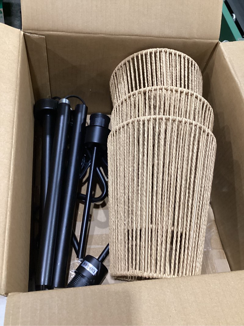 Condition photo showing Good Condition for Boho Floor Lamp, 68in. Rattan Floor Lamps with Rattan Shade,3 Light Tree Standing Lamp for Bedroom,Nursery,E26 Socket, Living Room Floor Lamp for Rustic,Coastal, Beach or Bohemian Decor (Black)