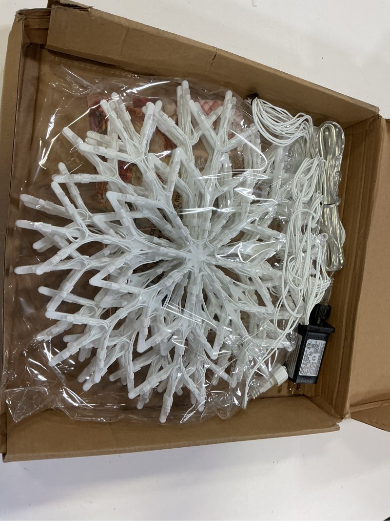 Condition photo showing Good Condition for brightown christmas snowflake icicle lights outdoor - plug-in 10.5ft 5 drops 240led snowflake window light with 8 modes, hanging lights for indoor outdoor porch eaves rooftops pergola christmas decor white 5 drops