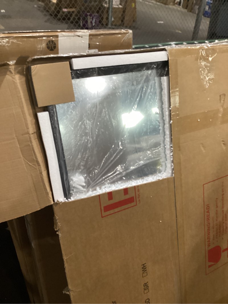 Condition photo showing New/Like New for desbing large bathroom mirror for over sink, 50” x 30” black rectangle bathroom mirrors for double vanity, metal ribbed textured framed wall mirror for bathroom, living room, bedroom,dressing room