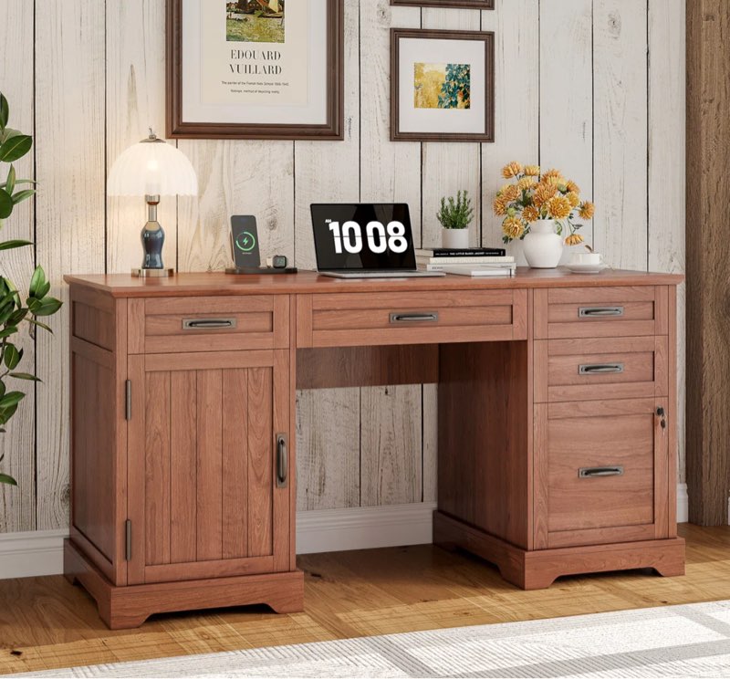 (incomplete only 1 box) Clabe 55'' Farmhouse Executive Desk with Drawers, File Cabinet and Power Outlets