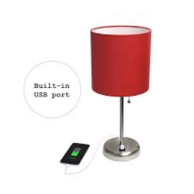 Simple Designs LT2044-RED Brushed Steel Stick Table Desk Lamp with USB Charging Port and Drum Fabric