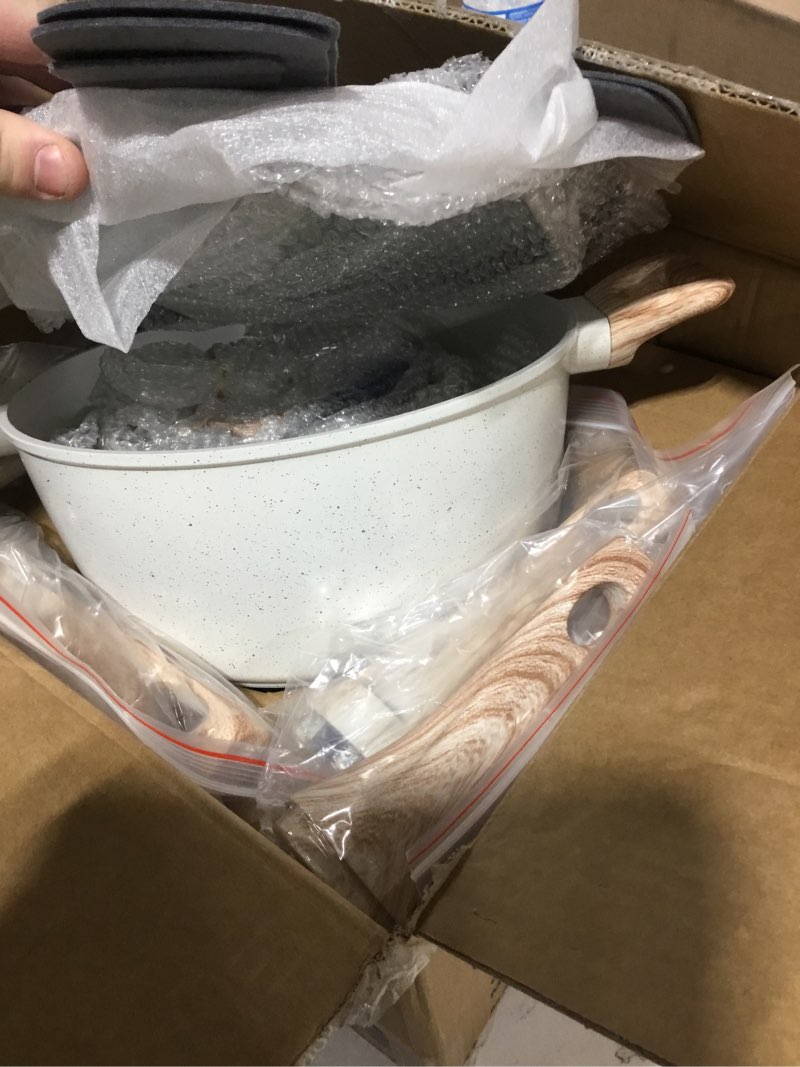 Condition photo showing As Is for 12 Pcs Pots and Pans Set, Nonstick Cookware Sets White Granite Induction Cookware, Non-toxic Healthy Non Stick Kitchen Cooking Set with Frying Pans Set, Saucepans,Steamer (PFAS, PFOA, PFOS Free) White 12 Pieces