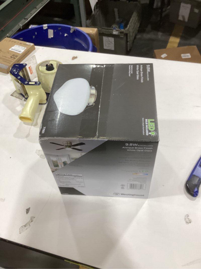Condition photo showing New/Like New for westinghouse 7785100 led schoolhouse indoor/outdoor energy star ceiling fan light kit, antique brass finish with white opal glass light kit antique brass finish with white opal glass