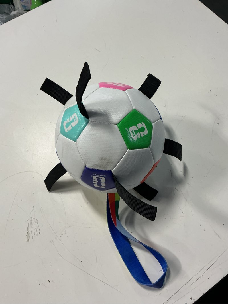 Condition photo showing As Is for fifa world cup 2026 dog toy, fetch and fly soccer ball, medium, multicolor