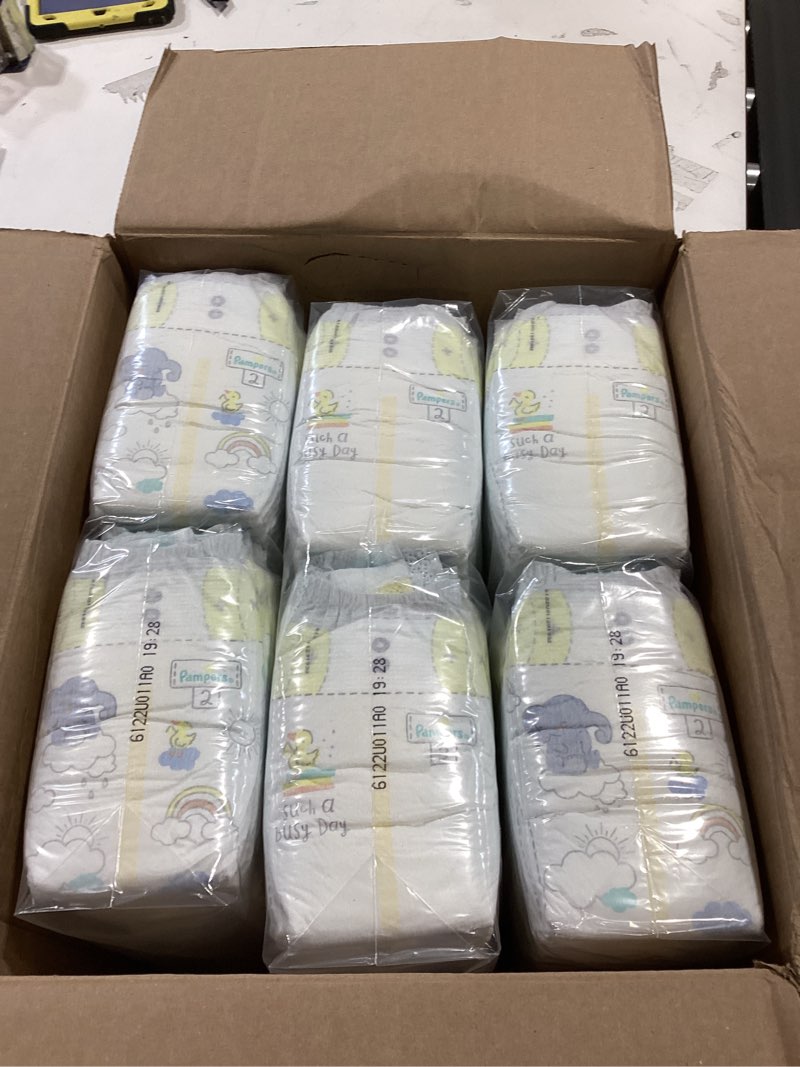 Condition photo showing As Is for pampers swaddlers diapers, size 2 (10-22 lbs), 186 count, absorbent, keeps baby dry and comfortable, skin safe disposable baby diaper (packaging may vary) size 2 186