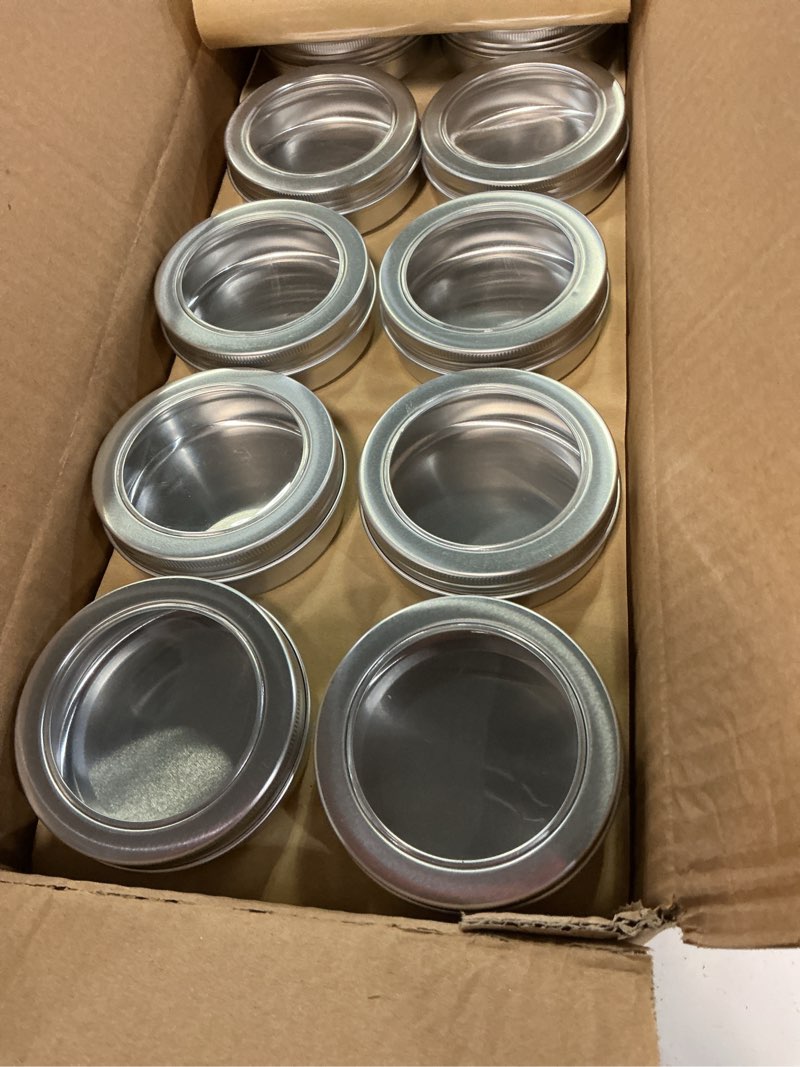 Condition photo showing New/Like New for Foraineam 30 Pack 4 oz Round Tins Screw Top Tin Cans with Clear Window Silver Metal Spice Containers Aluminum Travel Storage Jars for Kitchen, Office, Candies, Gifts, Arts & Crafts