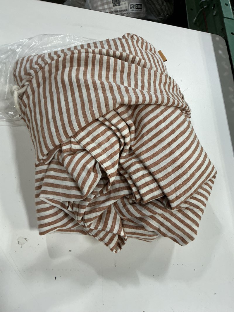 Condition photo showing As Is for vintage duvet cover, cal king size, quince, 108" wide x 90" long, 100% linen, stripe, reddish brown with white, roses, 2 matching shams 