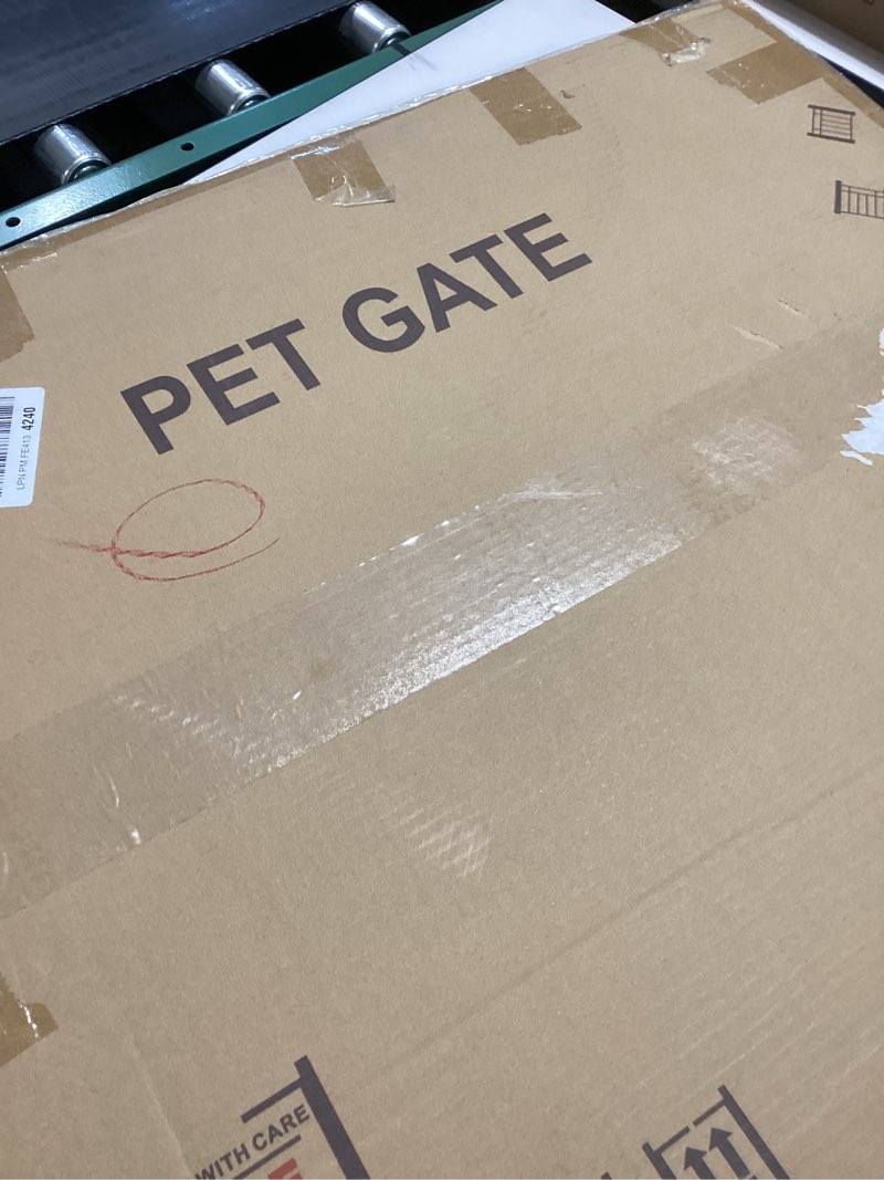 Condition photo showing New/Like New for JSB 96-inch Extra Wide 30-inch Tall Dog gate with Door Walk Through, Freestanding Pet Gate for Halls, Stairs & Home, Pet Puppy Safety Dog Fence with 2PCS Support Feet (White) 4 Panels with Door White