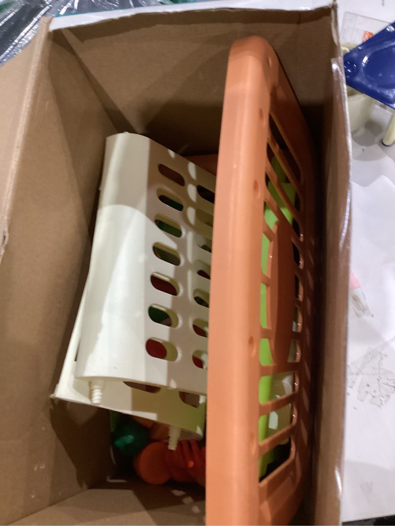 Condition photo showing New/Like New for Kids Shopping Cart with Cutting Play Food Set for Kid Kitchen, 2 in 1 Shopping Cart for Kids Grocery Store Pretend Play Kitchen Accessories Sorting Food Bucket Learning Toys Gift for Toddler 3-5 Brown