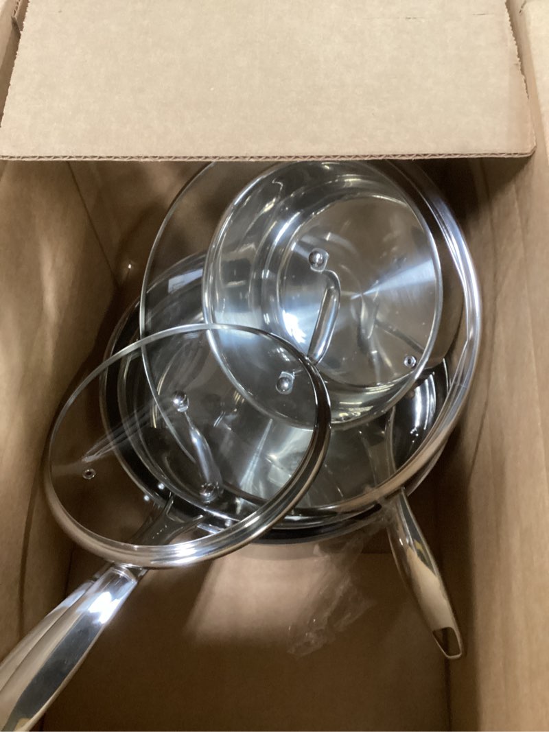 Condition photo showing As Is for Amazon Basics Stainless Steel Cookware Set, 5-Piece Set, All Cooktop Friendly, Dishwasher-Safe