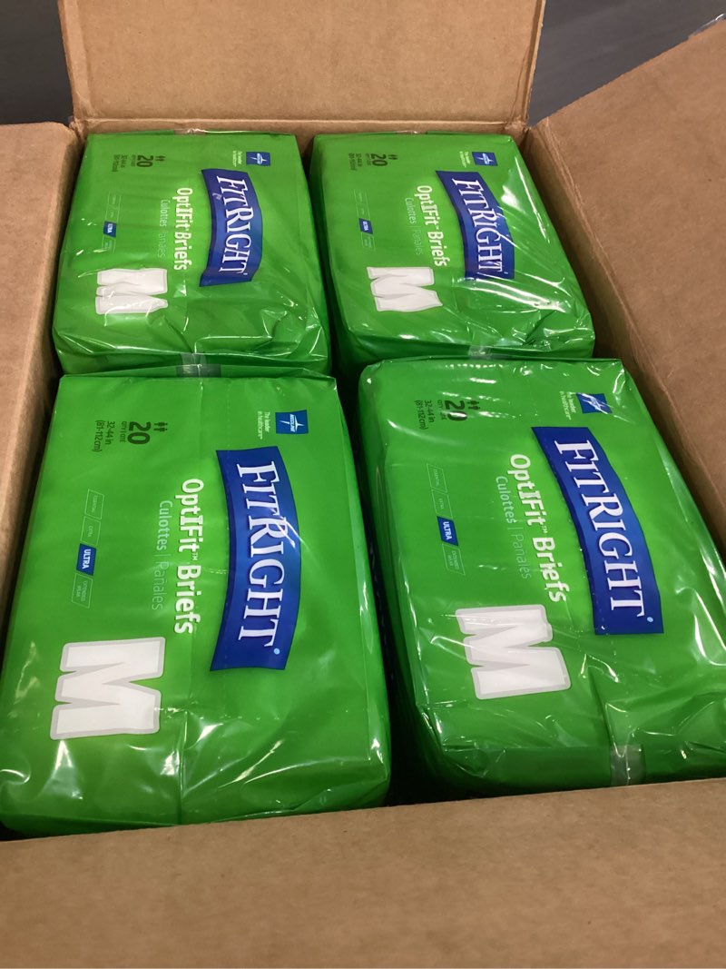 Condition photo showing New/Like New for fitright adult diapers, ultra heavy absorbency, m (waist size 32in-44in), 80 count, optifit incontinence briefs for men and women, disposable, moisture-wicking, leak protection, medium 80 count