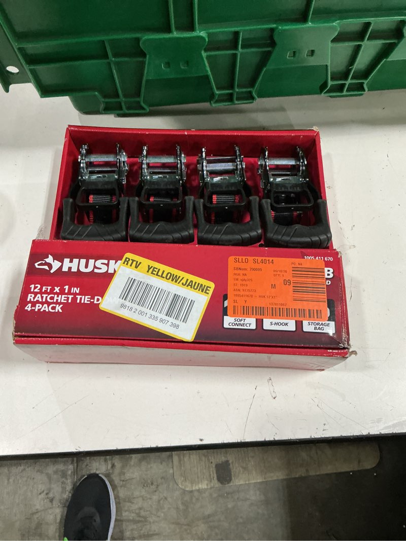 Condition photo showing New/Like New for husky 1 in. x 12 ft. ratchet tie down with s hook (4-pack)