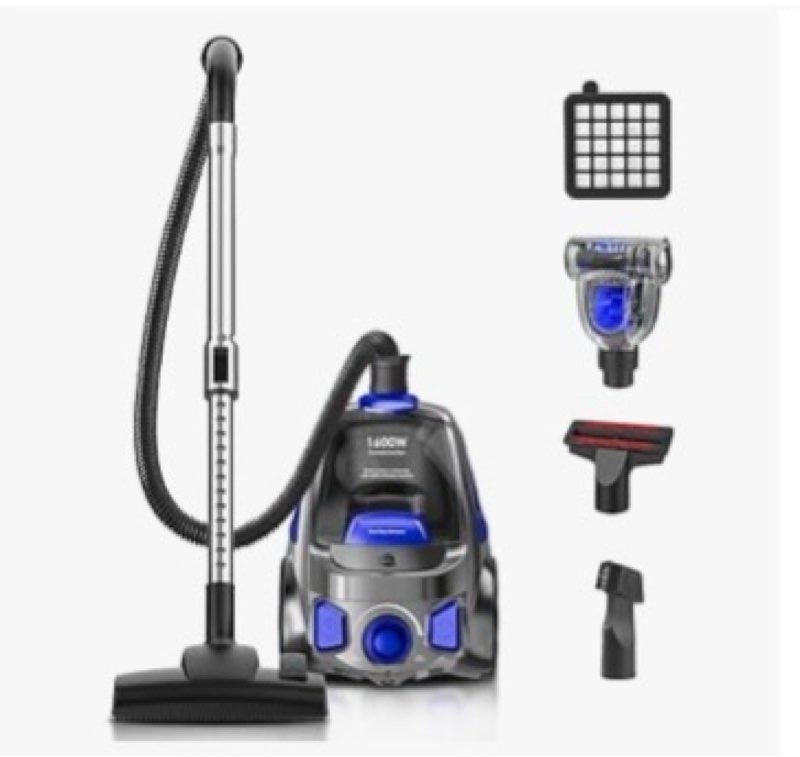 canister vacuum cleaner, 32kpa 1600w cyclon power, dust full indicator, double hepa filters, 3.7qt large capacity, lightweight vac for hard floors, carpets, pet hair, blue
