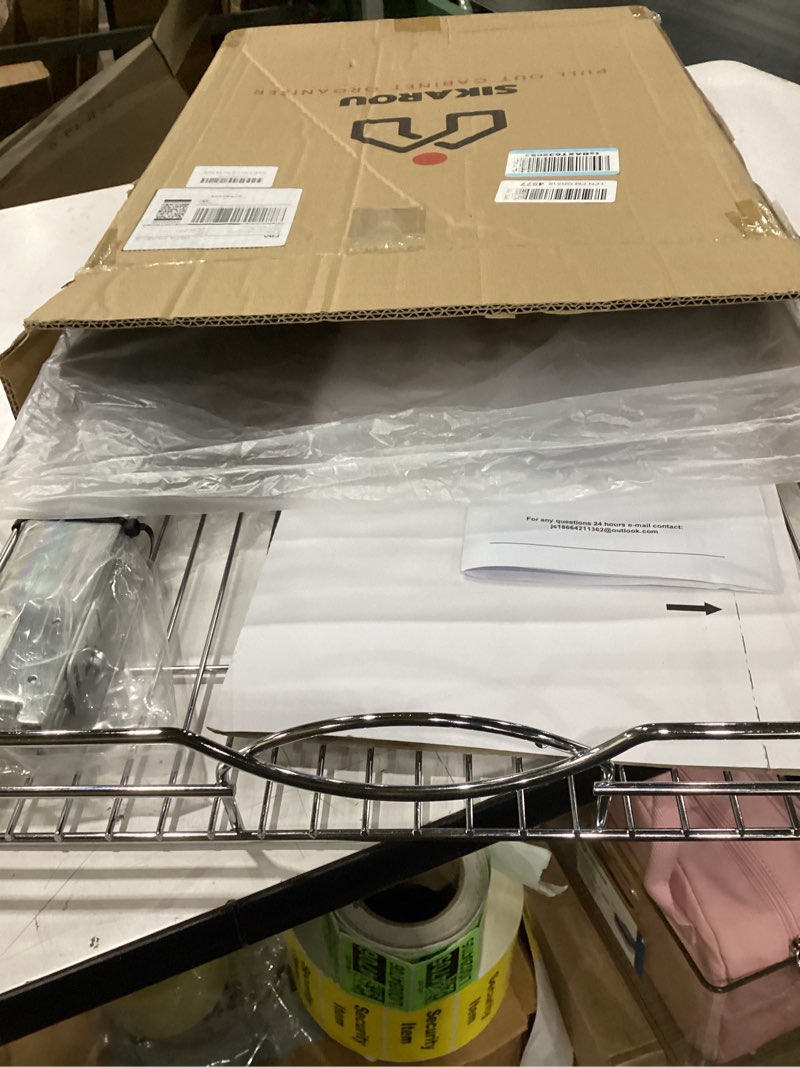 Condition photo showing Good Condition for pull out cabinet organizer 17" w x 21" d, heavy duty kitchen cabinet pull out shelves, slide out wire basket for kitchen cabinets, bathroom, pantry, chrome finish 17 * 21 in