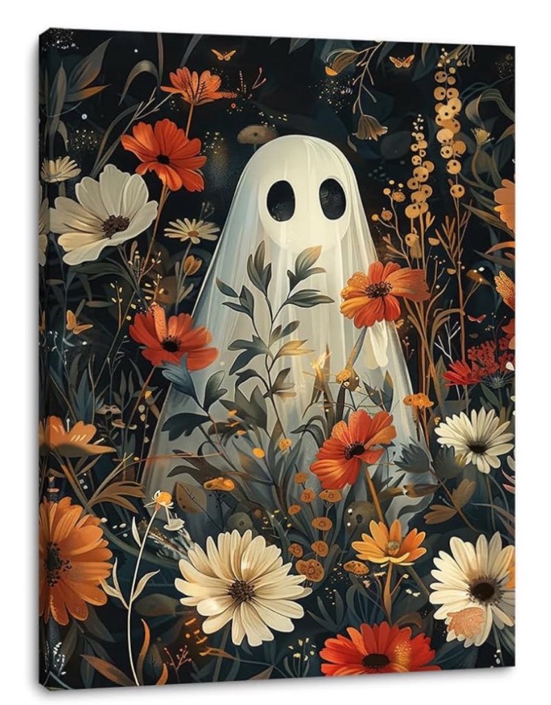 Daktenn Halloween Canvas Wall Art, Cute Floral Ghost In Haunted Forest Poster, Funny Dark Romantic Ghost Print Decorations, Dark Academia Halloween Wall Decor 24x32in White